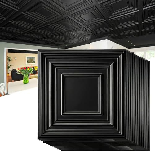 Nuanchu Lot de 60 dalles de plafond en PVC 30,5 x 30,5 cm – Carreaux de plafond à coller – Panneaux muraux décoratifs 3D pour salle de bain, cuisine, arrière-plan TV (noir)