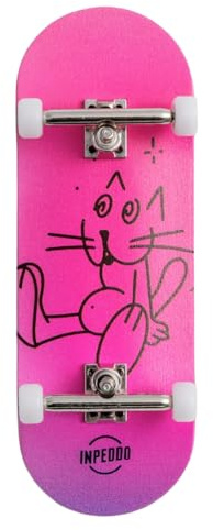 Inpeddo Fingerboard 34mm 3rd Gen Komplettset – 5 Lagen Canadian Maple Deck, CNC Wheels mit Kugellager, 100mm Mini Skateboard, Foam Grip, Single Axle Trucks, inkl. Tool & Extra Grip (Booze Cat)