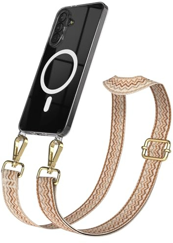 EAZY CASE Handykette - Verstellbares Taschenband kompatibel mit Galaxy A37, Schulterriemen, Handykordel mit Silikon Hülle, Qi Charging kompatibel, Umhängetasche, Beige Braun Gold
