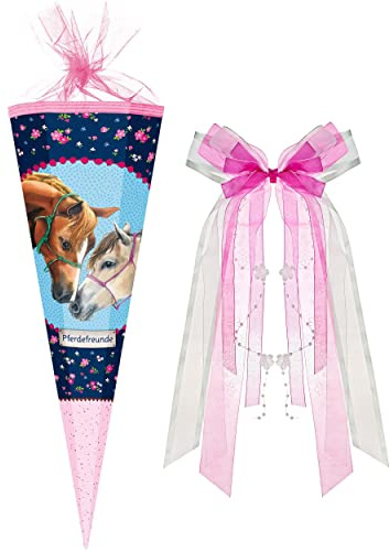Schultüte - Pferdefreunde - Pferde & Schmetterlinge - 85 cm - eckig - incl. große Schleife - Tüllabschluß - Zuckertüte - Nestler - mit/ohne Kunststoff S..