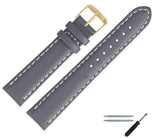 MARBURGER Uhrenarmband 22mm Leder Grau Gold Glatt Mit Naht - Montage Set 8062216000220