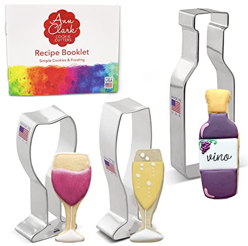 Wine and Champagne Celebration Cookie Cutters 3-Pc. Set Made in USA by Ann Clark, Wine Glass, Bottle, Champagne Glass
