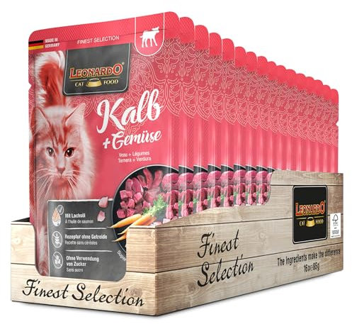 LEONARDO Frischebeutel [16x85g Kalb + Gemüse] | Getreidefreies Nassfutter für Katzen | Feuchtfutter Alleinfutter im Einzelportionsbeutel
