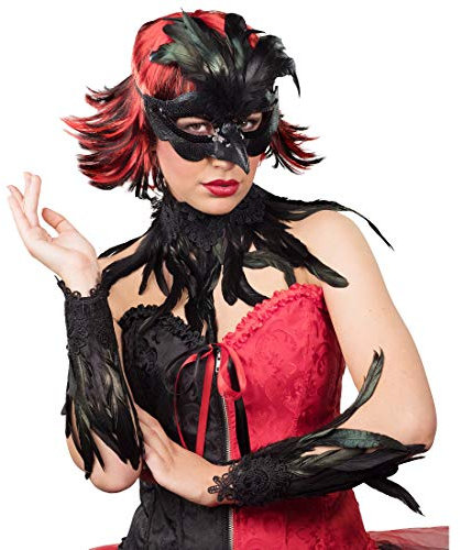 NET TOYS Edles Raben-Set mit echten Federn - Schwarz - Außergewöhnliche Damen-Accessoires mit Augenmaske, Choker, Armstulpen - Passend gekleidet für Karneval & Mottoparty