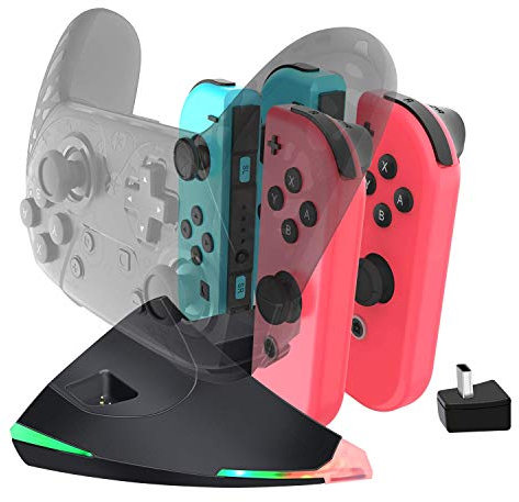 JoyCon Caricabatterie per Nintendo Switch Controller Dock Station, Joycon Charger Supporto 4 Joy-Contro e 1 Switch Pro Controller, Design a forma di pesce e Regolatore di commutazione veloce