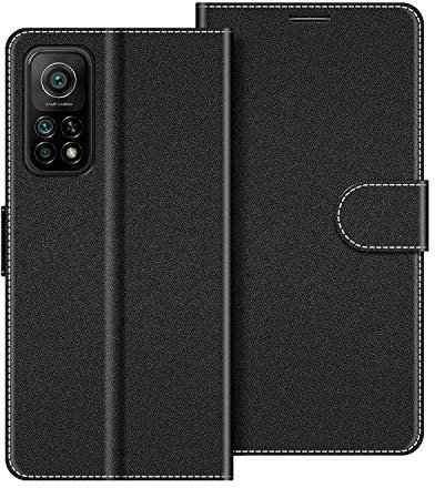 COODIO Schutzhülle aus Leder für Xiaomi Mi 10T, Schutzhülle mit Standfunktion für Xiaomi Mi 10T / Mi 10T Pro, Schwarz