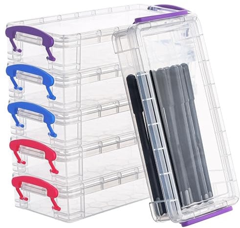 BELLE VOUS 6 Stk Kunststoff Stifte Box – L20,5xB9,5xH4,2cm Durchsichtige Boxen mit Deckel - Bunte Boxen Aufbewahrung Klein – Aufbewahrungsbox Stapelbar als Pinselbox Schule, Buntstifte, Schreibwaren