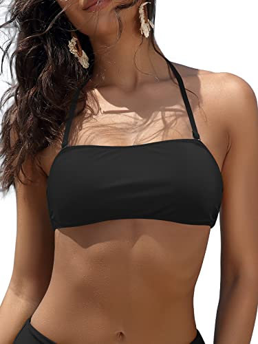 SHEKINI Costume da Bagno Donna Due Pezzi Imbottito Halter Regolabile Bandeau Bikini Top Costumi Due Pezzi Donna Vita Alta Controllo Addominale Bikini Fondo(S, Bikini Top-Nero)