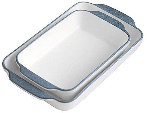 G-like - Set da forno in ceramica, due pezzi, con manico bianco, blu, casseruola per forno a microonde, vassoio da forno, antiaderente, per cucina rettangolare