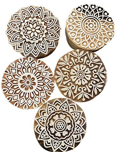 AnNafi® Traditionelle Mehendi-Muster Mandala und runde Holzblockstempel (5 Stück) | runder Holzdruck Block Stempel - DIY Henna-Stoff Textil Papier Ton Töpferblock Druckstempel