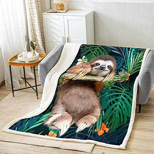 Kinder Niedliche Faultier Wohndecke Karikatur Tier Kuscheldecke Für Jungen Lustige Faule Faultiere Tropische Blätter Blumendruck Decke 150x200cm Natur Thema Raumdekoration Flanell Fleecedecke