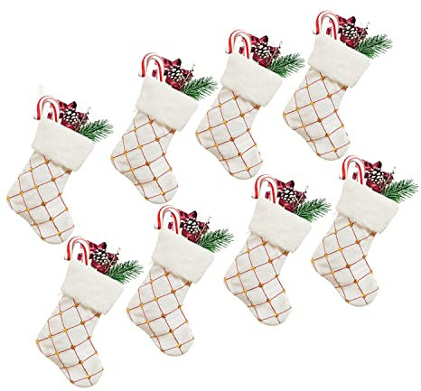 8 Pcs Christmas Mini Stockings 9 inch Glitter Round Dots Sequins Grid Xmas Stocking with Plush Cuff Tableware Holders Gift Card Bags Holders Bulk Treats Bag Xmas Tree Decorations Set