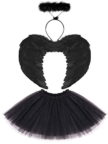 Kinder Mädchen Engel Kostüm Engelsflügel Feder Flügel Heiligenschein Prinzessin Tutu Tüll Rock 3tlg Set Für Halloween Cosplay Weihnachten Fasching Karneval Christkind Masquerade Schwarz Engel
