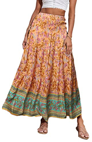 CFLONGE Sommer-Maxi-Röcke für Damen, 2025, modisch, Boho, langer Rock, trendig, Blumenmuster, hohe Taille, A-Linie, Strandrock, Urlaubs-Outfit
