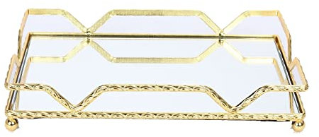 WYJRO Spiegel-Tablett aus Gold, großes Parfüm-Glas-Tablett aus Metall, dekoratives Tablett für Make-up, rechteckig, verspiegelt, Schmuck-Tablett-Organizer,small