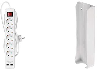 EMOS Steckdosenleiste mit USB, 5-Fach Mehrfachsteckdose und 2X 2.1 A Anschluss, 3 M Verlängerungskabel, IP20 für Innen, 2,1A Ladestrom & P0004C Steckdosenleisten-Wandhalterung, weiß