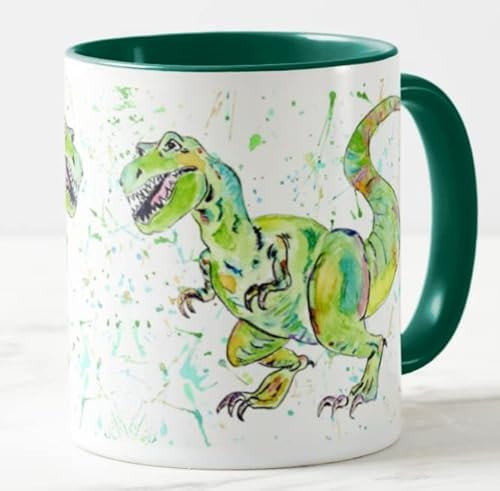 Vixar Dinosaur Tyrannosaurus T-Rex Watercolour Art Coloured Mug Cup Gift Birthday Work Office Christmas Tea Coffee (D Green)