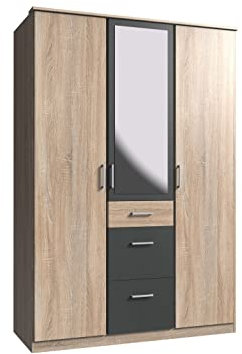 möbelando Kleiderschrank Click aus Spanplatte in Eiche-Sägerau-Nachbildung mit 3 Schubladen und 3 Türen. Abmessungen (B/H/T) 135x198x58 cm