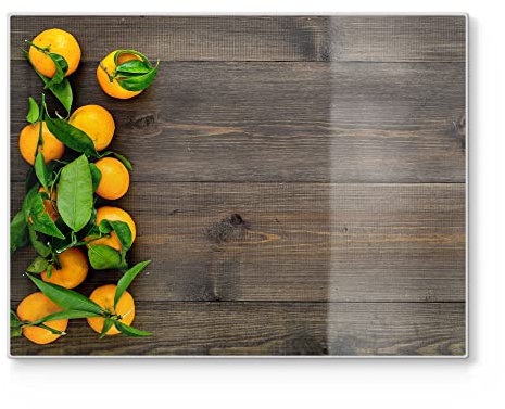 DEQORI Schneidebrett aus Glas | groß 40x30 cm | Motiv Orangen auf Holzbrettern | Design Schneideplatte für Küche | Frühstücksbrett antibakteriell & rutschfest | Glasplatte & Servierplatte