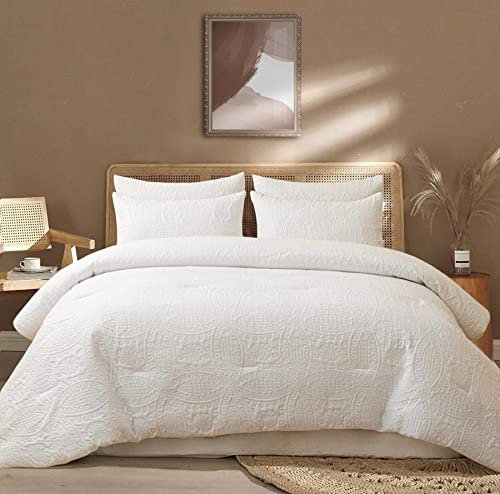 YASMENG Bettdecke 220x240 cm 4 Jahreszeiten Ganzjahresdecke Rund Muster Weiß 400 GSM Schlafdecke 220x240 Mikrofaser Bettdecken Weich Flauschige Decke Modern Steppdecke mit 2 Kissenbezüge 80×80 cm