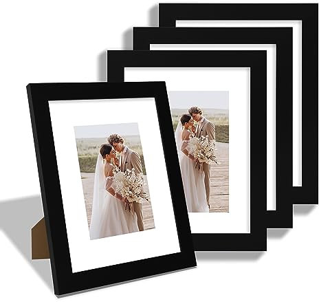 Hongkee 20,3 x 25,4 cm Bilderrahmen 4er Set aus Echtglas und schwarzem Holzrahmen 20,3 x 25,4 cm Foto für Wand oder Tischplatte – Display Bild 12,7 x 17,8 cm mit Passepartout oder 8 x 10 ohne