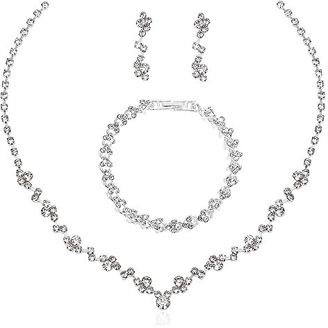 AWAVM Parure de bijoux de mariée pour mariage, bal de fin d'année, collier ras du cou, bracelet, boucles d'oreilles pendantes pour mariée, femmes et filles, Métal