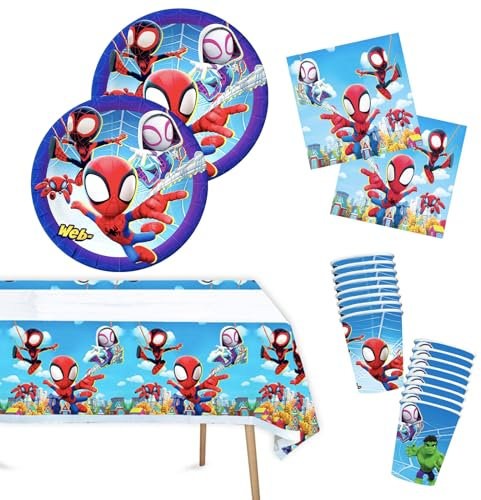 53Pièces Spiderman Ensemble Vaisselle Fête Kit, Spiderman Anniversaire Vaisselle,Bleu Kit Anniversaire Assiette Serviettes Nappe Birthday, Fournitures de Fête Deco d'Anniversaire pour 16 Personnes