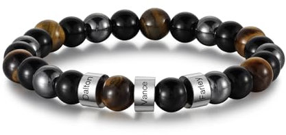 Jeweidea Personalisiertes Herren Armband Mit Namen - Edelstein Perlenarmband Mit Gravur - Männerarmband Beads Familien Schmuck für Kinder
