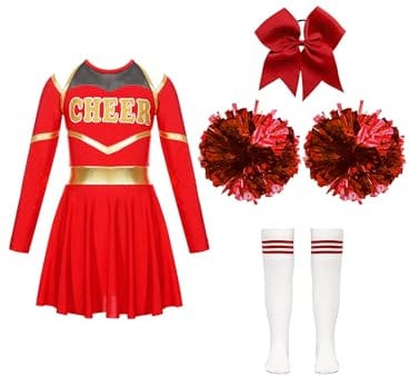 Jowowha Mädchen Cheer Leader Cheerleading Kostüm Langarm Crop Tops mit Rock Pompoms Socken Halloween Kostüm Karneval Fasching Party Rot 146-152