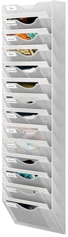 Senhoglb 14 Fächer Hanging Organizer Zeitungshalter Wand Metall A4 Zeitschriftenhalter Wand Dokumentenablage Hängeregister Zeitschriftenständer Flyerhalter Prospektspender, Weiß