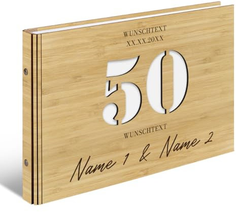 Personalisiertes Goldhochzeit Gästebuch aus echtem Holz selbst gestalten - 50 Jahre Stanze - mit 72 Blatt / 144 Seiten Naturpapier Weiß