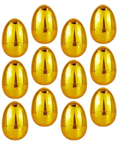 ABOOFAN Golden Easter Eggs, 12pcs Metallic Gold Hinged Eggs Plastic Easter Eggs Fillable Empty Easter Egg for Filling Treats, Basket Stuffers, Surprises Eggs, Easter Egg Hunts