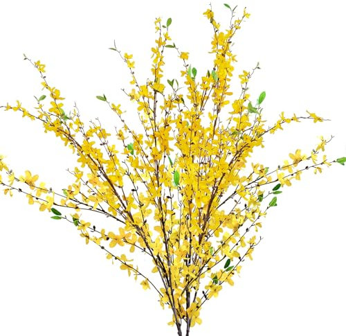 Fake Spring Forsythia Stems 4 Pcs Artificial Orchids Plants Faux Long Stem Flowers Yellow Silk Forsythia Branches for Home Wedding Indoor Outdoor Decor