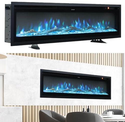 Elektrokamin Mit Heizung, 50 Zoll (127 cm) Breite, Wandeinbau/Freistehend, Fernbedienung, Timer, geräuscharm, einstellbare Flammenfarbe, 1800W, Schwarz