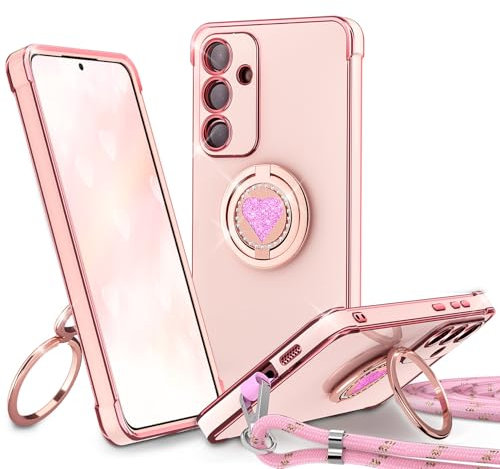 Eherui Cover per Samsung Galaxy A54 5G,con 360° Supporto ad Anello Doppio Cuore,con Collana Custodia TPU Corda Silicone Regolabile Staccabile Shock Protettiva Custodia per Samsung A54,Rosa