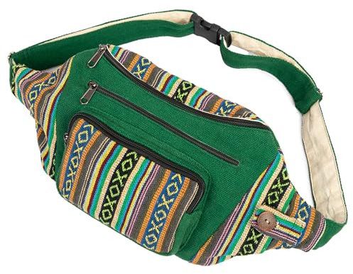 Freakmandu Umweltfreundliche Bauchtasche im Boho-Hippie-Stil, Hanftasche, zum Wandern, Laufen, Joggen, Weiß, Grün mix, Adjustable Size, Hüfttaschen