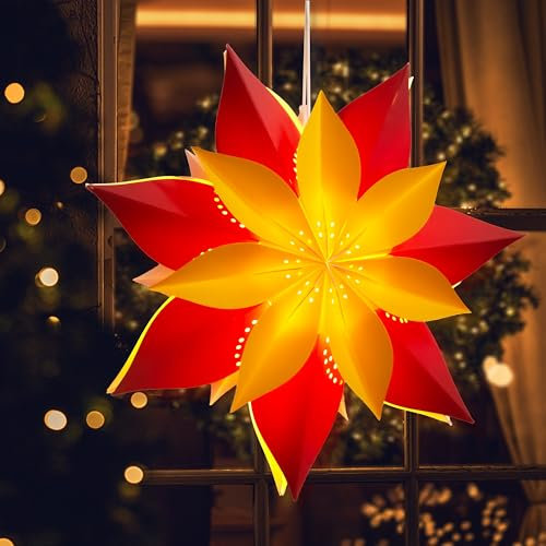 EANLOLY Weihnachtsstern Beleuchtet, Papiersterne Weihnachten, 3D Stern Fenster, Weihnachtsdeko Innen Zum Aufhängen mit Beleuchtung, Leuchtstern Lichterkette,Rot Ø 45 cm