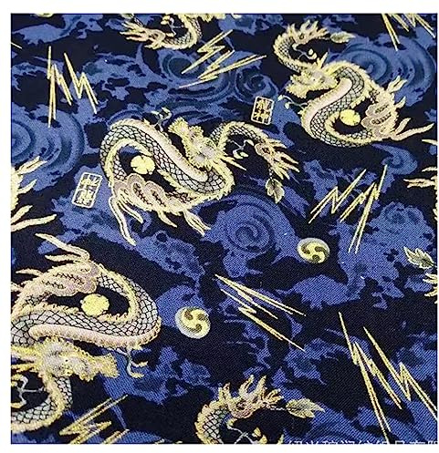 BrightGlow 100x150 cm Japanischer Stil Baumwollstoff Meterware Bunt Gedruckt Nähstoffe mit Blume Fächer Fliegender Kranich Tücher Baumwolltuch Kleiderstoff Quiltstoffe zum Nähen Blau-Schwarz-Drache