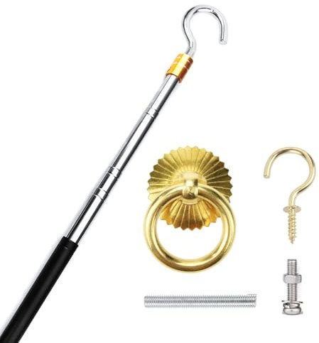 Ladder Pull Down System Kit - Attic Pull System Hook Set Replacement for Cord Ropes with 60 Inch Extension Pole and Copper Storage Hook Handle Parts Tool