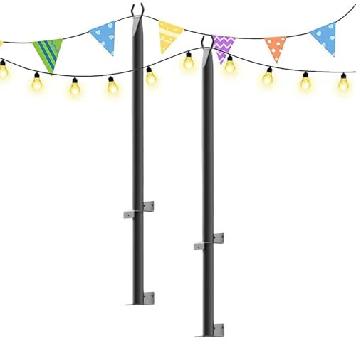 Mast für Lichterketten – Outdoor-Lichterkettenmast | 2er-Pack Outdoor-Lichterketten-Deckstangen, 4-Fuß-Terrassenlichtständer mit festem Clip und Aufhängesockel, Lampenständer für Garten- und