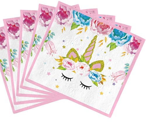 POPOYU Einhorn Geburtstag Servietten, 20 Stück Rosa Prinzessinnen Party Servietten Tischdeko, 33x33cm Papierservietten Paper Napkins, Kindergeburtstag Party Zubehör für Mädchen Deko Tischserviette