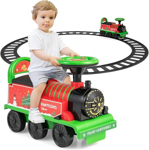 Kids Ride On Train with Track, 6V Electric Toy with Lights and Sounds, Retractable Footrest, Under Seat Storage, Christmas Theme Battery Powered Gift for Toddlers Boys Girls (Green)