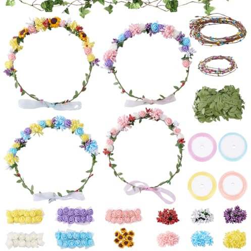 ORIGACH 16 Stück DIY Blumenkranz Stirnband Set Haarreif Blumen Basteln Kit Selber Machen Blumengirlande Blumenkranz Haare Deko Für Hochzeit Geburtstag Party Urlaub