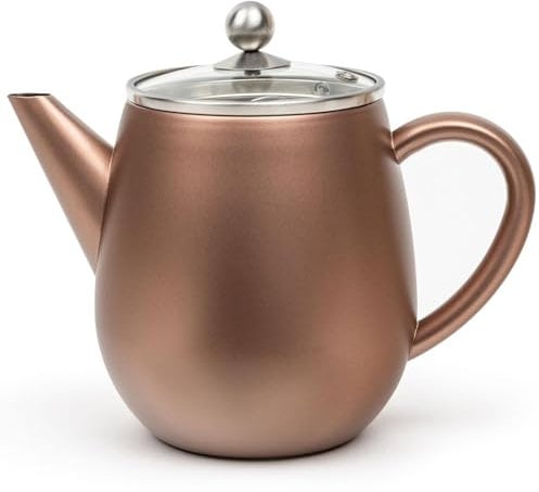 Bredemeijer doppelwandige Edelstahl Teekanne 1.1 Liter - rostbraune Edelstahlkanne mit Glasdeckel & Tee-Filter - für länger, warmen Teegenuss