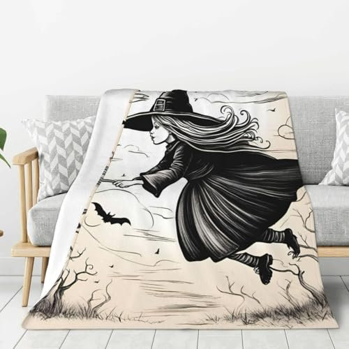 jingong Halloween-Hexe fliegende Flanell-Überwurfdecke, warm und weich, saisonale Bettdecke, passend für alle Gelegenheiten
