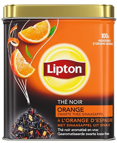 Lipton Thé Noir en Vrac Aromatisé à l'Orange d'Espagne 150g | Thé noir aromatisé, saveur orange d'Espagne, feuilles en vrac qualité supérieure, infusion chaude ou glacée, idéal quotidien