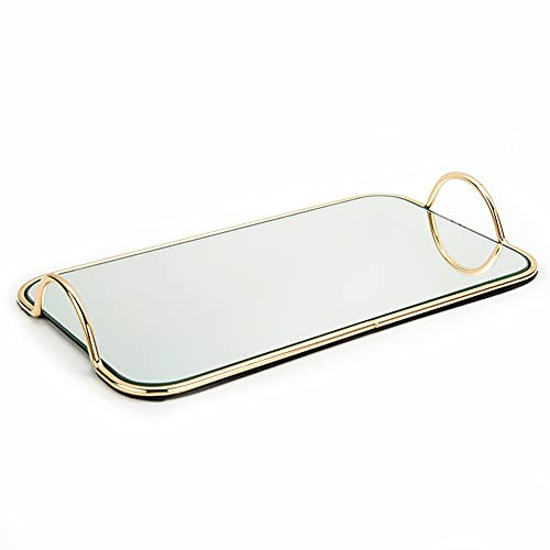 WDSOPK Vassoio in Metallo A Specchio, Vassoio Decorativo in Vetro Decorato in Oro con Manici, Bicchieri da Vino, Frutta, tè, Articoli da Toeletta, Profumi, Trucchi, Gioielli, Or