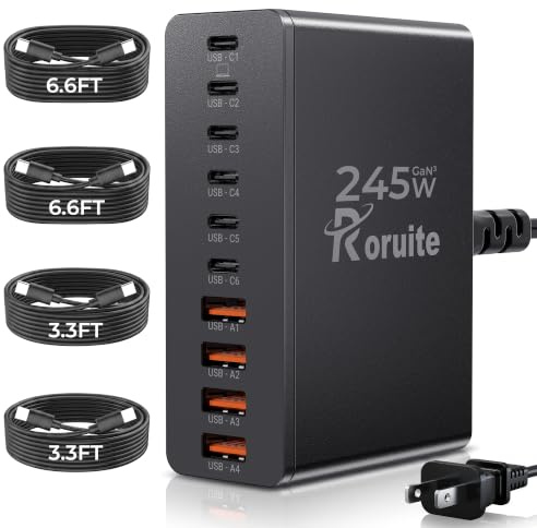 USB C Charging Station 10 Port with 4 Cables,200W GaN Type C Charger Block,Wall Charger Power Strip Adapter Plug for iPad iPhone17 16 15 14 13 12 Pro Max Pixel Note Galaxy