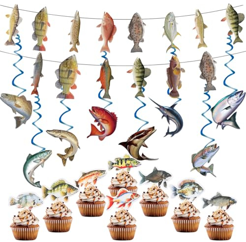 Rdlobu Angeln Geburtstag Dekorationen Banner Set, 34 Stück | Angeln Party Dekorationen Set Fisch Cupcake Topper Fisch Deko für Ruhestand Abschied Party Supplies, Baby Duschen