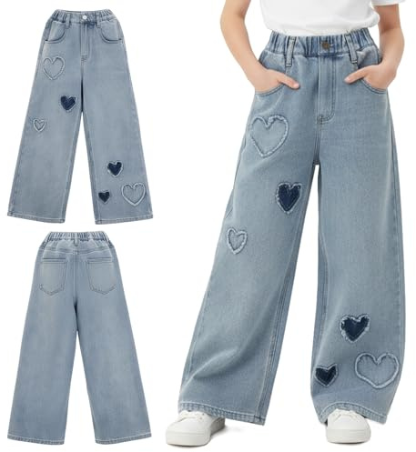 Girls Baggy Wide Leg Jeans, Elastic High Waist Denim Trousers, Casual Loose Heart Hip Hop Pants for Kids Aged 6-15